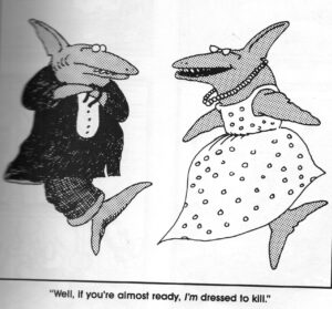 Larsen cartoon of sharks